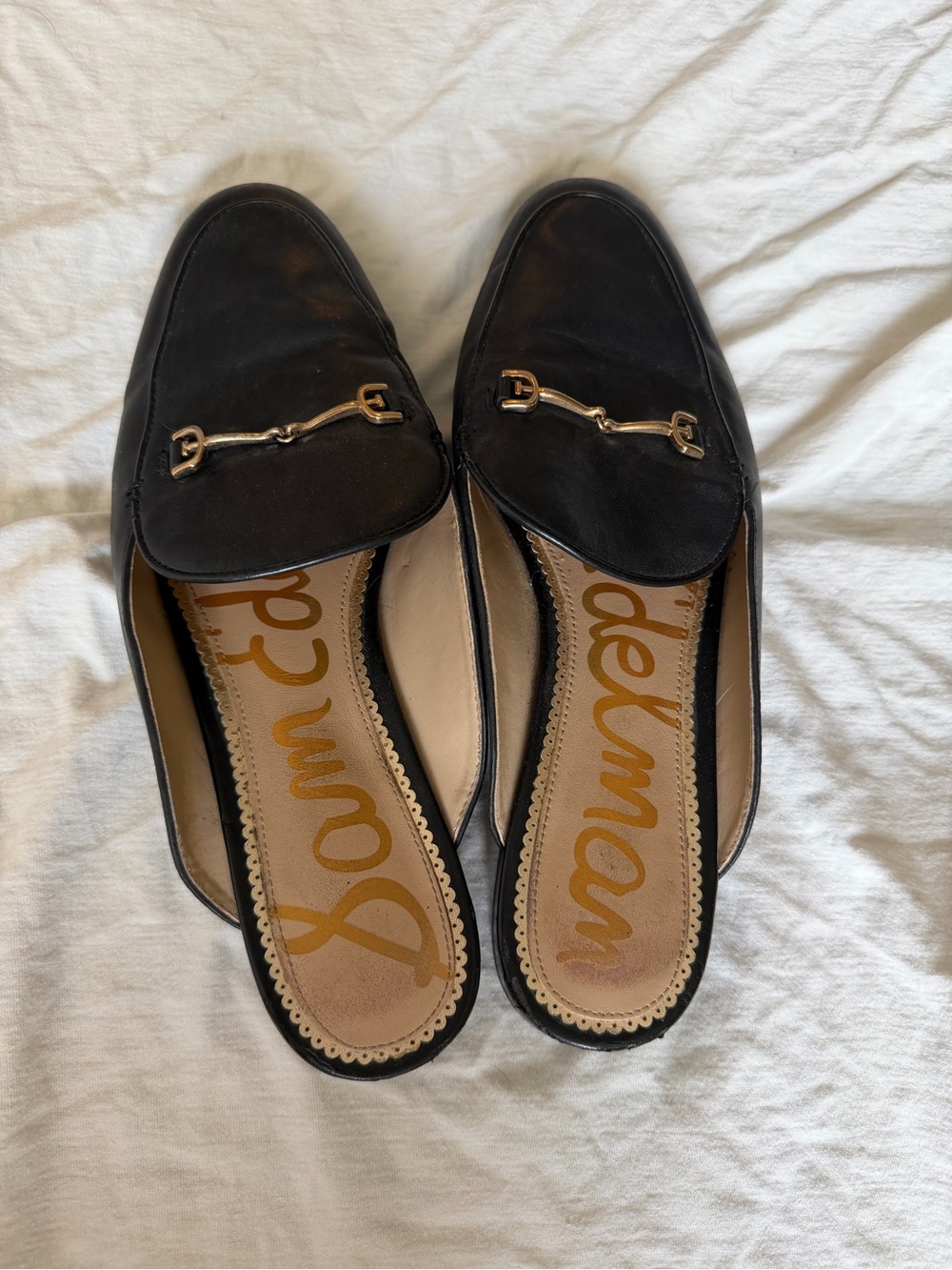 Delman Black Leather Mule Loafers with Gold Bit